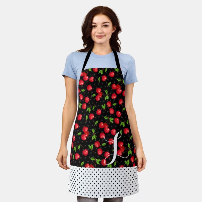 Tablier Rockabilly Points Cerises Noir Personnalisé (Porté)