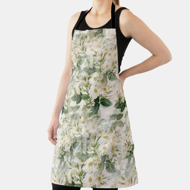 Tablier Romantique Fleurs blanches douces et Feuilles vert (Insitu)