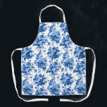 Tablier Romantique Vintage Roses-Bleu sur Blanc<br><div class="desc">Elégant et classique antique vintage Delft roses bleus sur arrière - plan blanc. La couleur de la sangle est personnalisable.</div>