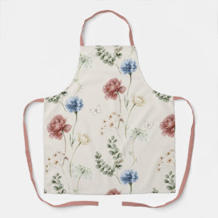 Tablier Rose Bourgogne Fleurs Blanches Bleues Papillon