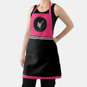 Tablier rose chaud, noir et blanc monogramme