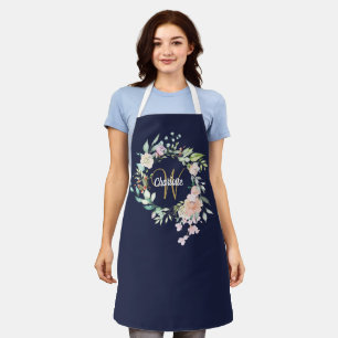 Tablier Rose Floral Monogramme Gold Script Marine Bleu