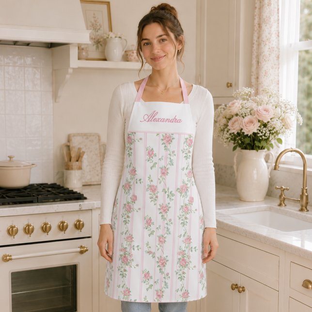 Tablier Rose florale rose personnalisée (cute elegant pink coquette grandmillennial vintage rose floral apron with custom monogram name)