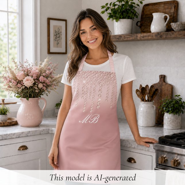 Tablier Rose Gold Chic (elegant glam chic luxury pink rose gold diamond apron with custom monogram initials)