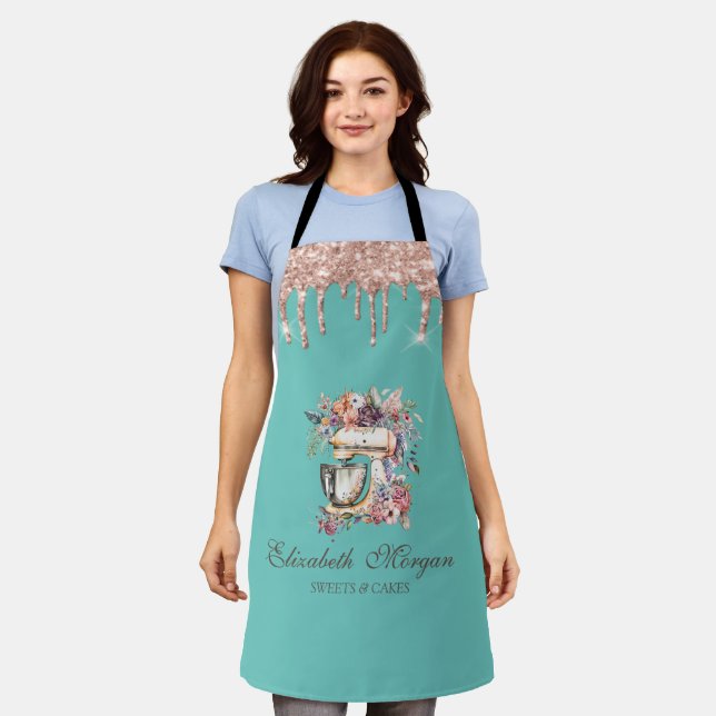 Tablier Rose Gold Drips Floral Mixer Vert Menthe (Porté)
