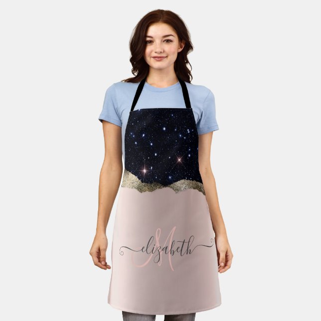 Tablier Rose Gold Monogramme Pailleté Noir Moderne  (Porté)