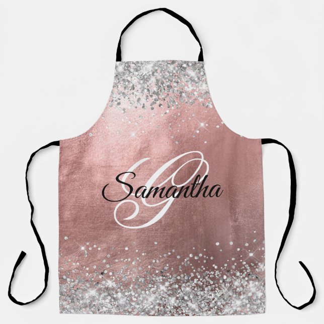 Tablier Rose Gold Paillettes Argent Monogramme Fantaisie (Recto)