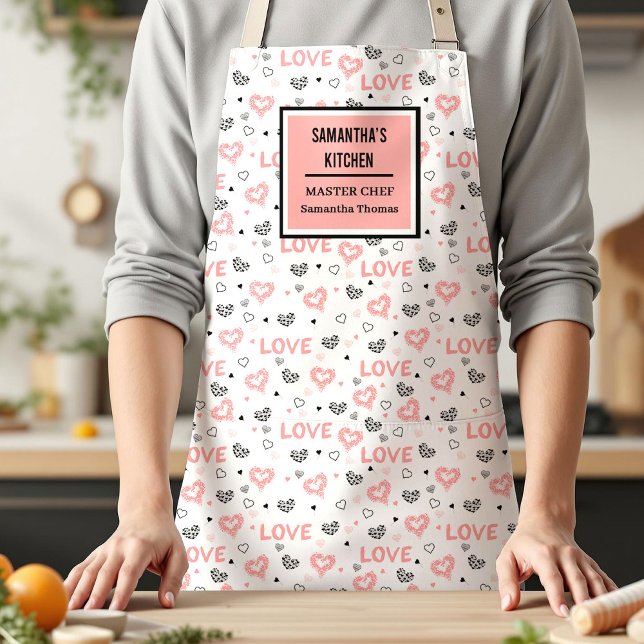 Tablier rose noir à lettrage chic Lettre d'amour C (Pink Black Hearts Cute I Love You Gift Woman Apron)