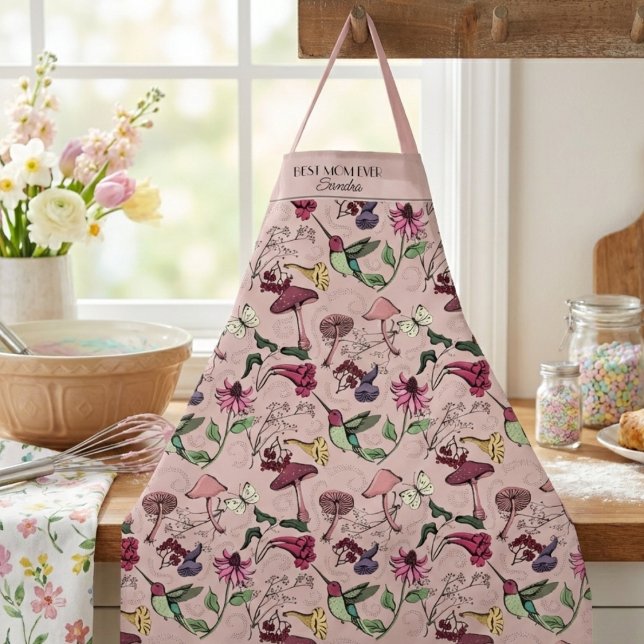 Tablier Rose Pâle Meilleure Maman Colibri (Botanical Best Mom Ever Hummingbird Pink Apron for Mother's Day. Colorful Hummingbirds Flowers)