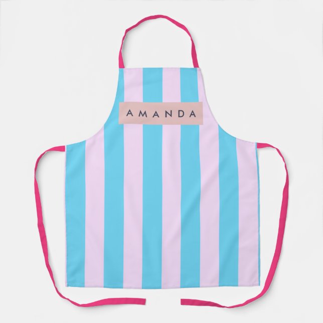Tablier Rose pastel et bleu rayé personnalisé (Recto)