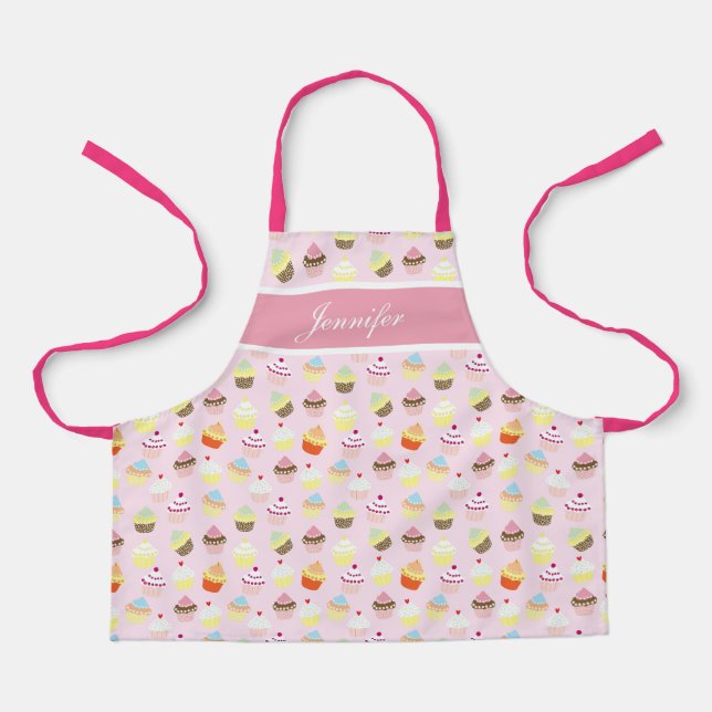 Tablier rose personnalisé pour fille avec cupcake (Recto)