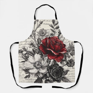Tablier Rose Rouge Noir Fleurs de Manuscrit Antique
