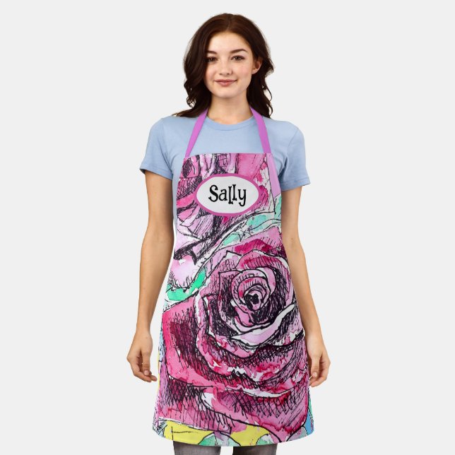 Tablier Rose Rouge Roses Aquarelle Florale Fleurs Fleur (Porté)