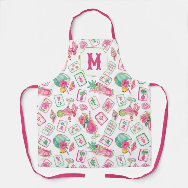 Tablier Rose & Vert Palm Beach Mahjong & Mixers Monogramme (Recto)