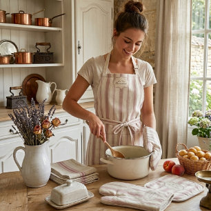 Tablier Rose Vintage et Rayures Crème Campagne Française 