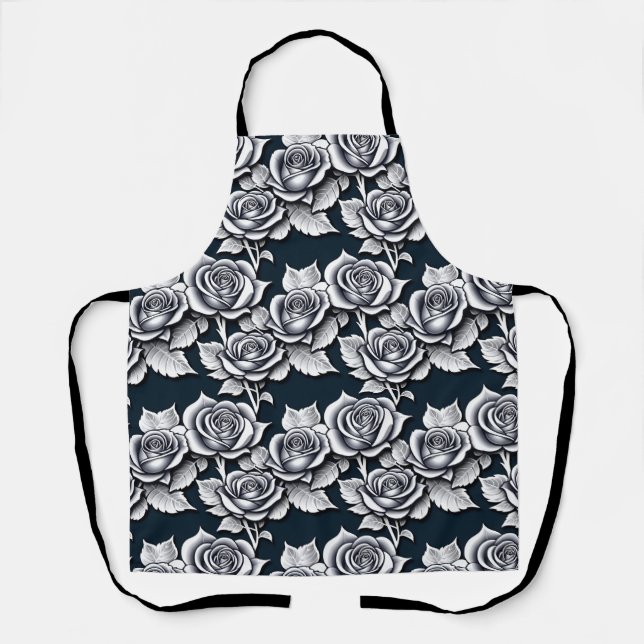 Tablier Roses Argent Métallisé Avec Feuilles Sarcelle  (Recto)