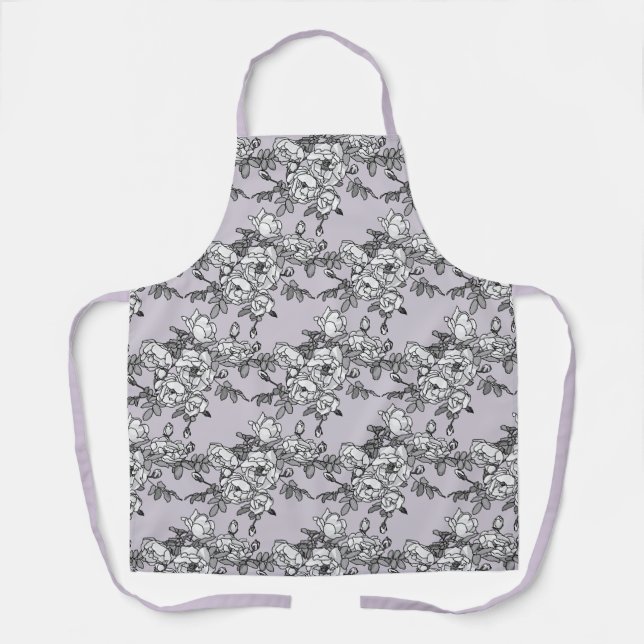 Tablier Roses blanches peintes sur Rose Poudre (Recto)