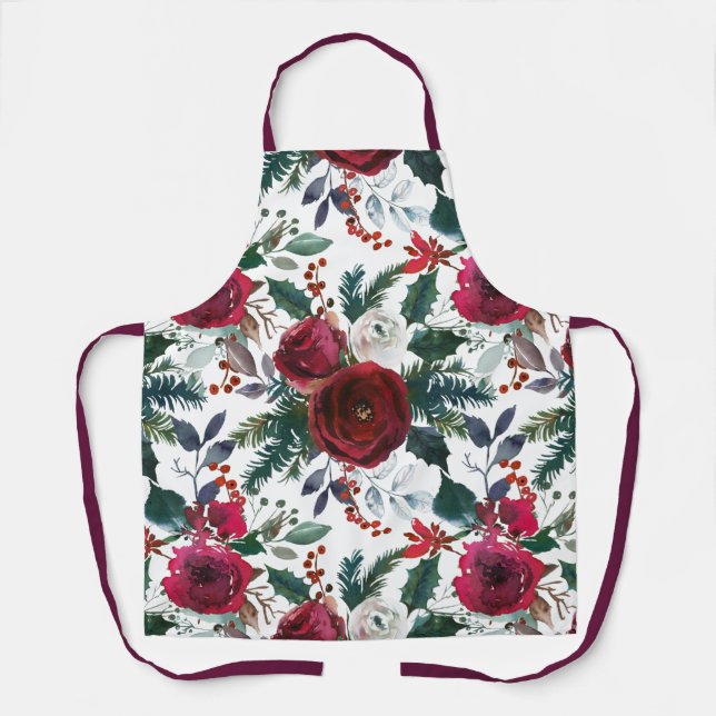 Tablier Roses de Bourgogne, pin, Holly Christmas Floral (Recto)