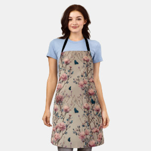 Tablier Roses de printemps vintage avec papillons bleus
