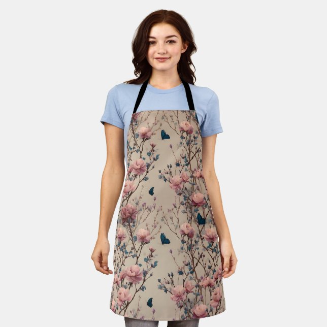 Tablier Roses de printemps vintage avec papillons bleus (Porté)