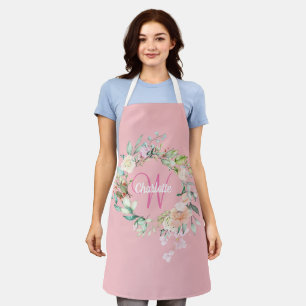 Tablier Roses d'été chic blush rose monogramme initial 