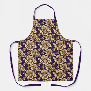Tablier Roses en or métallisé sur fond violet foncé mat