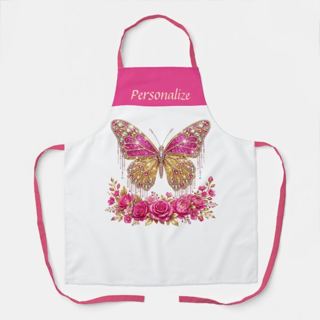 Tablier Roses Papillon Rose Doré Design Personnalisé (Recto)