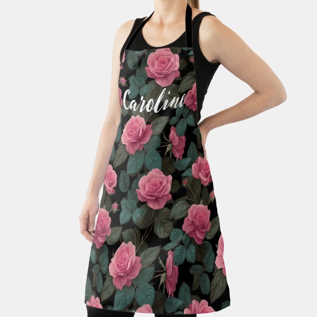 Tablier Roses roses roses sur fond noir personnalisable (Insitu)