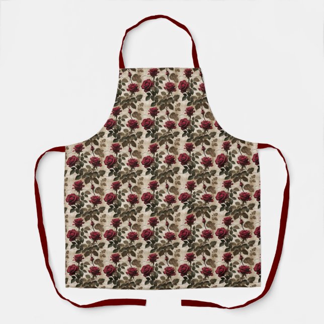 Tablier Roses Rouge Profond Avec Feuilles Vert Foncé (Recto)