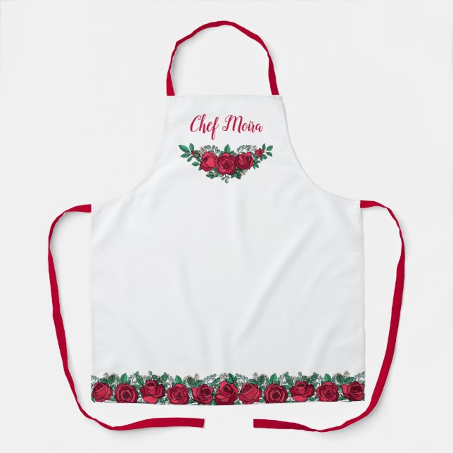 Tablier Roses rouges et nom en script (Recto)