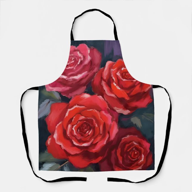 Tablier Roses rouges fleurs peintes à l'aquarelle florale (Recto)