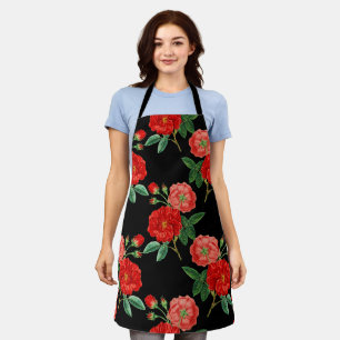 Tablier Roses rouges, fond noir,