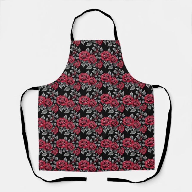 Tablier Roses Rouges Sur Un Fond Noir (Recto)