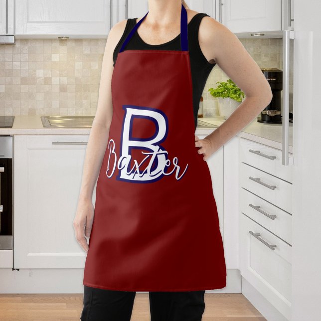 Tablier Rouge Blanc & Bleu Nom et Monogramme Personnalisé (Red White & Blue Name and Monogram Personalized Apron
)