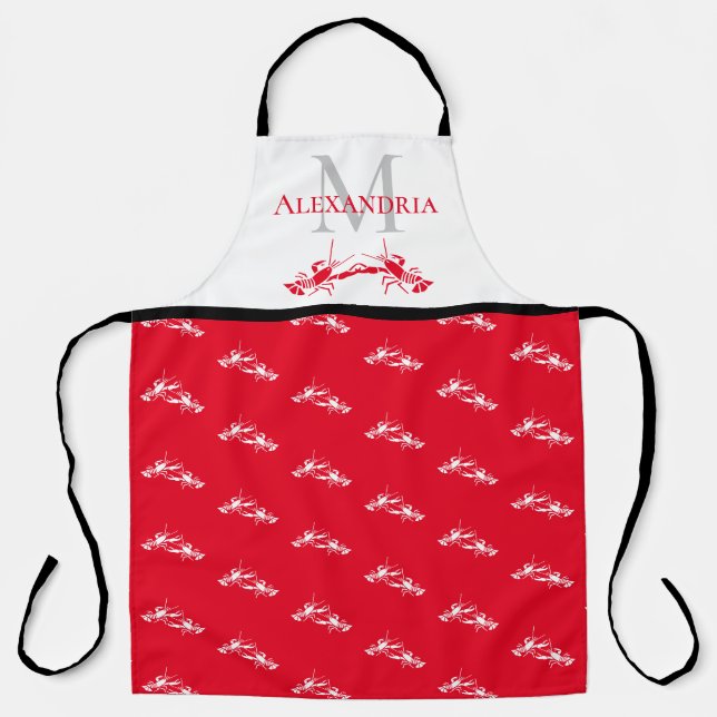 Tablier Rouge Blanc Nom Monogramme Homard Motif Apron (Recto)