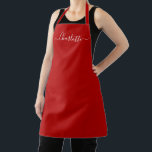 Tablier Rouge cerise girly script personnalisé élégant<br><div class="desc">Rouge cerise personnalisé moderne texte monogramme uni couleur simple girly élégant chic nom de texte rouge cerise et blanc tablier de cuisine. Personnalisez-le avec un nom, une citation, une phrase ou un texte. Idéal pour les cuisiniers, les chefs, la poterie, la céramique, l'artisanat, le travail, la cuisine, la pâtisserie, le...</div>