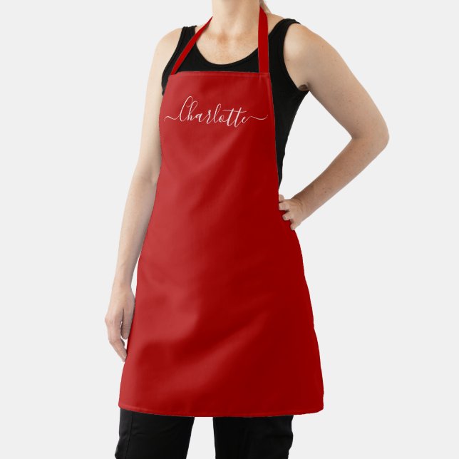 Tablier Rouge cerise girly script personnalisé élégant (Insitu)