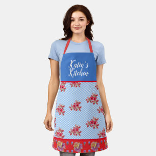 Tablier Rouge Floral Chic Blue En vichy personnalisable