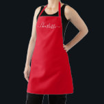Tablier Rouge girly personnalisé script moderne nom élégan<br><div class="desc">Personnalisé rouge personnalisé script moderne nom texte monogramme uni couleur unie girly stylé élégant chic rouge et blanc texte cuisine Tablier. Personnalisez-le, personnalisez-le avec un nom, une citation, une phrase ou un texte. Idéal pour les cuisiniers, les chefs, la poterie, la céramique, l'artisanat, le travail, la cuisine, la pâtisserie, le...</div>