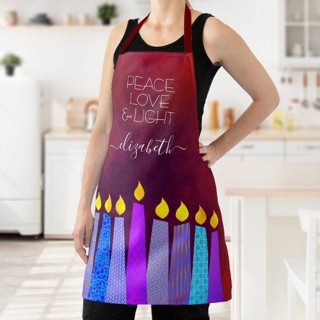 Tablier Rouge Hanoukka Menorah bougies Paix Amour Lumière  (Créateur téléchargé)