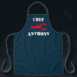 Tablier Rouge Homard Nautique Marine Bleu Chef personnalis<br><div class="desc">Red Lobster Marine Bleu Chef personnalisé Apron CLIQUEZ SUR PERSONNALISER L'OPTION MODÈLE ET ENTREZ LE NOM. Tablier bleu foncé personnalisable avec un grand homard rouge au centre de l'avant. Amusement moderne conçu avec audacieuse typographie blanche "chef" et nom personnalisé. Offre une excellente idée cadeau pour un ami ou un membre...</div>