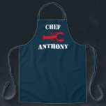 Tablier Rouge Homard Nautique Marine Bleu Chef personnalis<br><div class="desc">Red Lobster Marine Bleu Chef personnalisé Apron CLIQUEZ SUR PERSONNALISER L'OPTION MODÈLE ET ENTREZ LE NOM. Tablier bleu foncé personnalisable avec un grand homard rouge au centre de l'avant. Amusement moderne conçu avec audacieuse typographie blanche "chef" et nom personnalisé. Offre une excellente idée cadeau pour un ami ou un membre...</div>