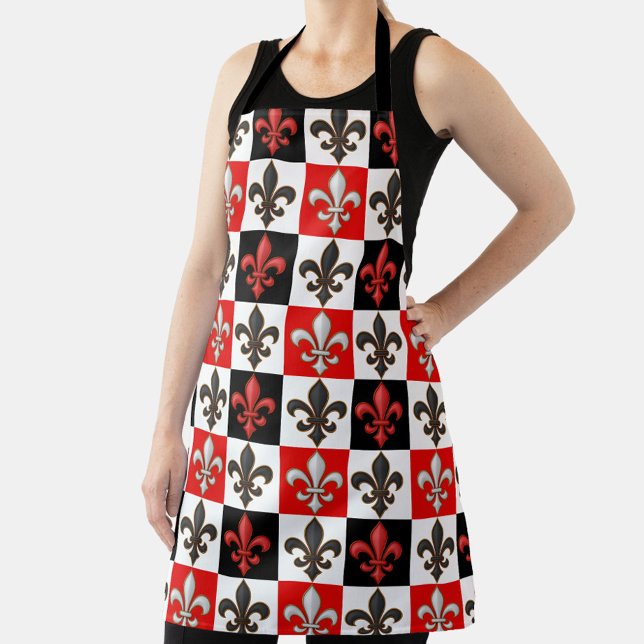 Tablier Rouge Noir Blanc À damiers Fleur de lis Design (Créateur téléchargé)