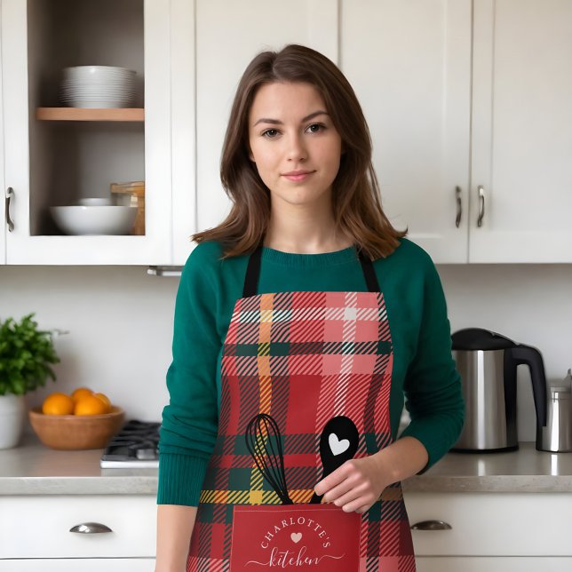 Tablier Rouge Tartan Plaid Faux Poche Cuillère & W (Red Tartan Plaid Faux Pocket Spoon & Whisk Apron)