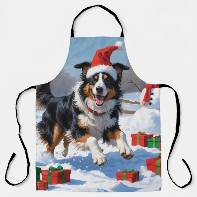 Tablier Rough Collie Courir dans la neige avec le Casquett (Recto)