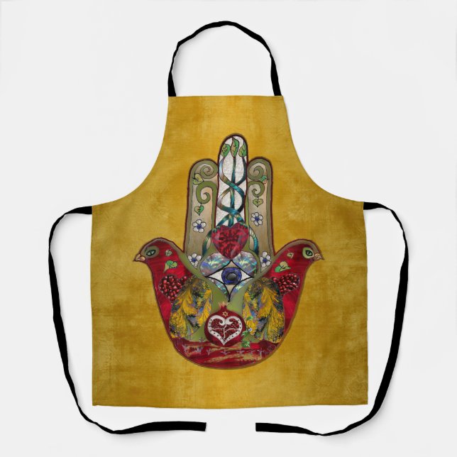 Tablier Ruby Pomegranate Heart Red Bird Hamsa Apron (Recto)