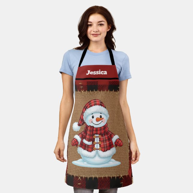 Tablier Rustic Buffalo Plaid Custom Name Snowman (Porté)