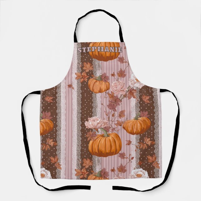 Tablier Rustique Citrouilles d'automne & dentelle fleurie  (Recto)