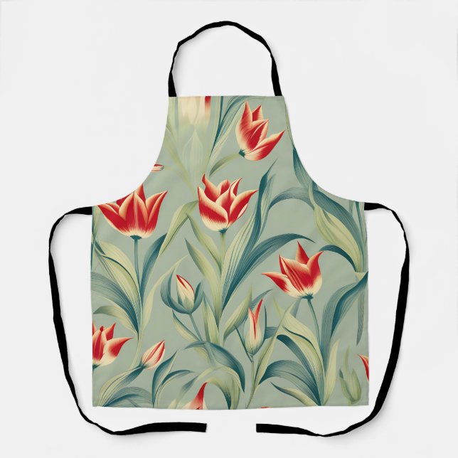 Tablier Sage Green Floral Rouges Tulipes (Recto)