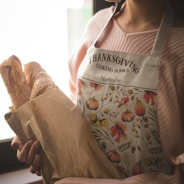 Tablier Sage Thanksgiving Cuisine Squest Automne Harvest (Elegant Autumn Hand-Drawn Apron with Pumpkins, Oak Leaves, Fall Foliage, Acorns. Personalized Name.)